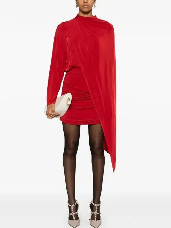Asymmetric Cape Stretch Ruched Red Mini Dress - Dresses