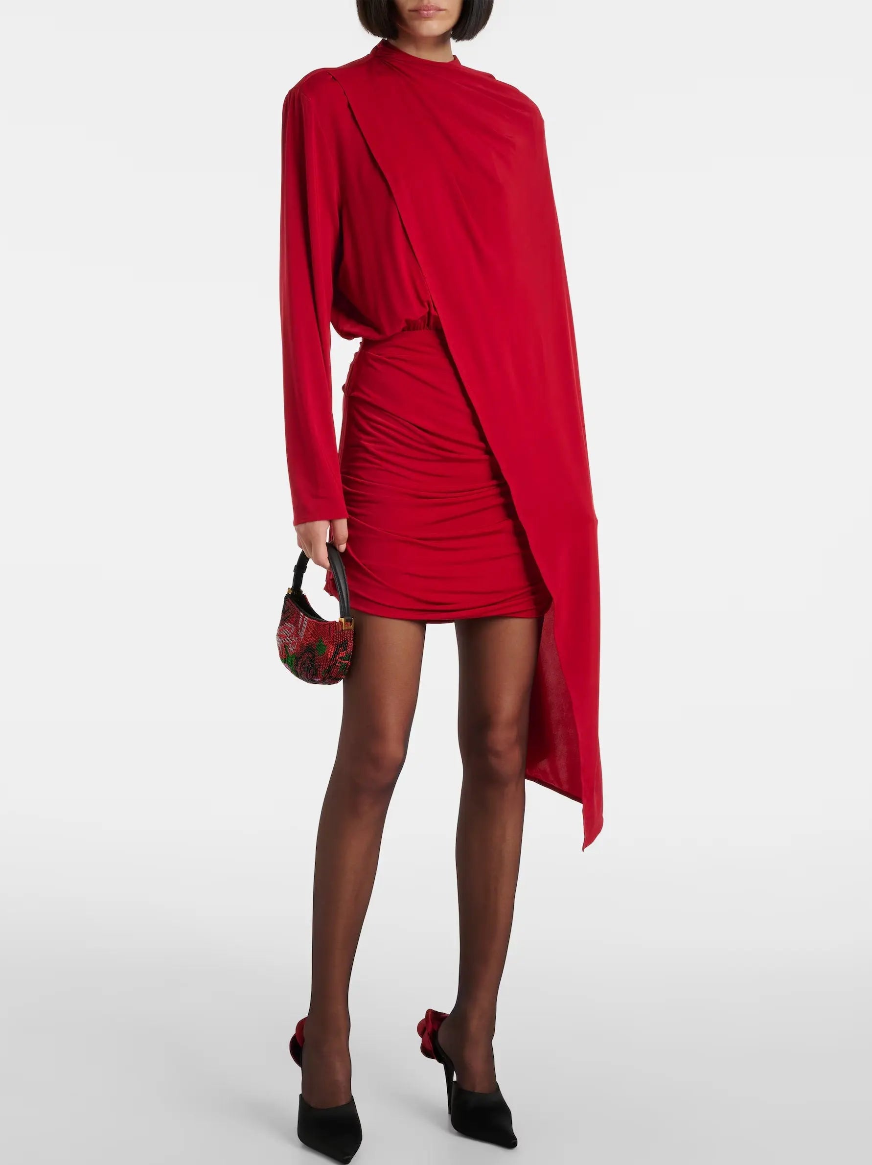 Asymmetric Cape Stretch Ruched Red Mini Dress - Dresses