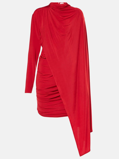 Asymmetric Cape Stretch Ruched Red Mini Dress - Dresses