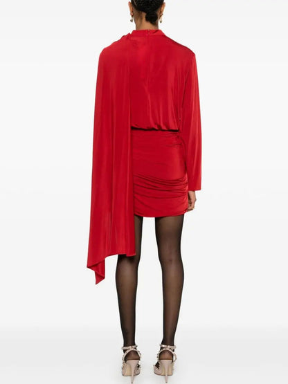 Asymmetric Cape Stretch Ruched Red Mini Dress - Dresses