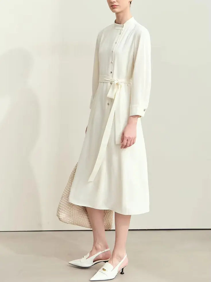 Asymmetric-Closure Tie Waist Shirt Midi Dress in Cream - Dresses