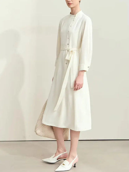 Asymmetric-Closure Tie Waist Shirt Midi Dress in Cream - Dresses