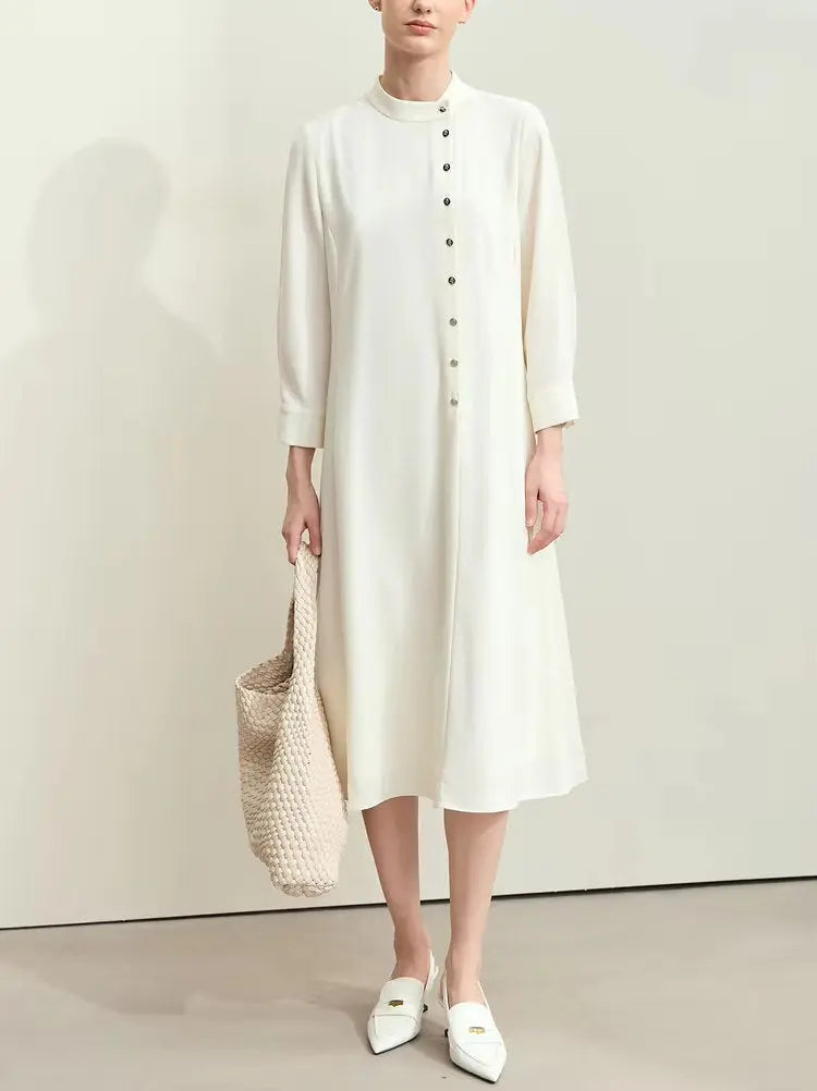 Asymmetric-Closure Tie Waist Shirt Midi Dress in Cream - Dresses