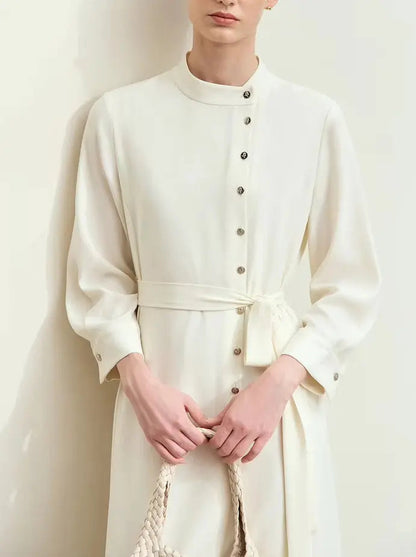 Asymmetric-Closure Tie Waist Shirt Midi Dress in Cream - Dresses