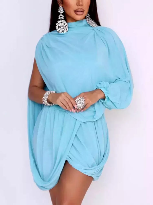 Asymmetric Draped Turquois Georgette Mini Dress - Dresses