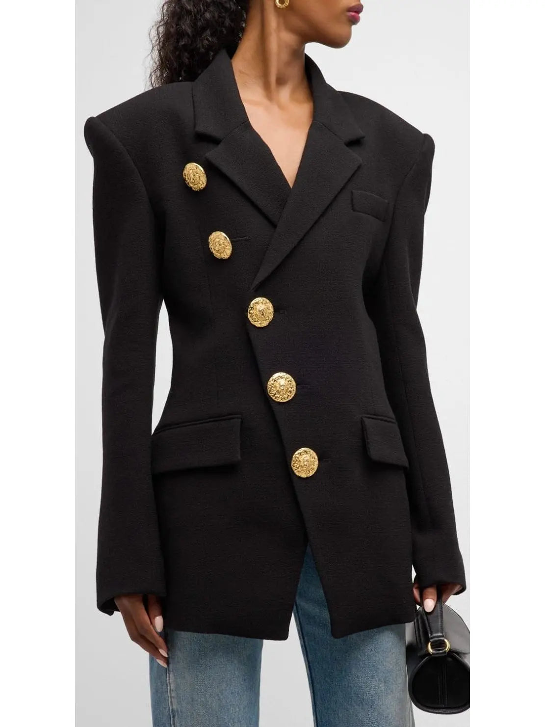 Asymmetric Fitted Single-Breasted Black Crepe Jacket - Jackets