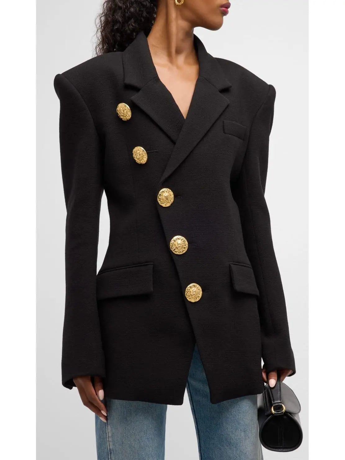 Asymmetric Fitted Single-Breasted Black Crepe Jacket - Jackets