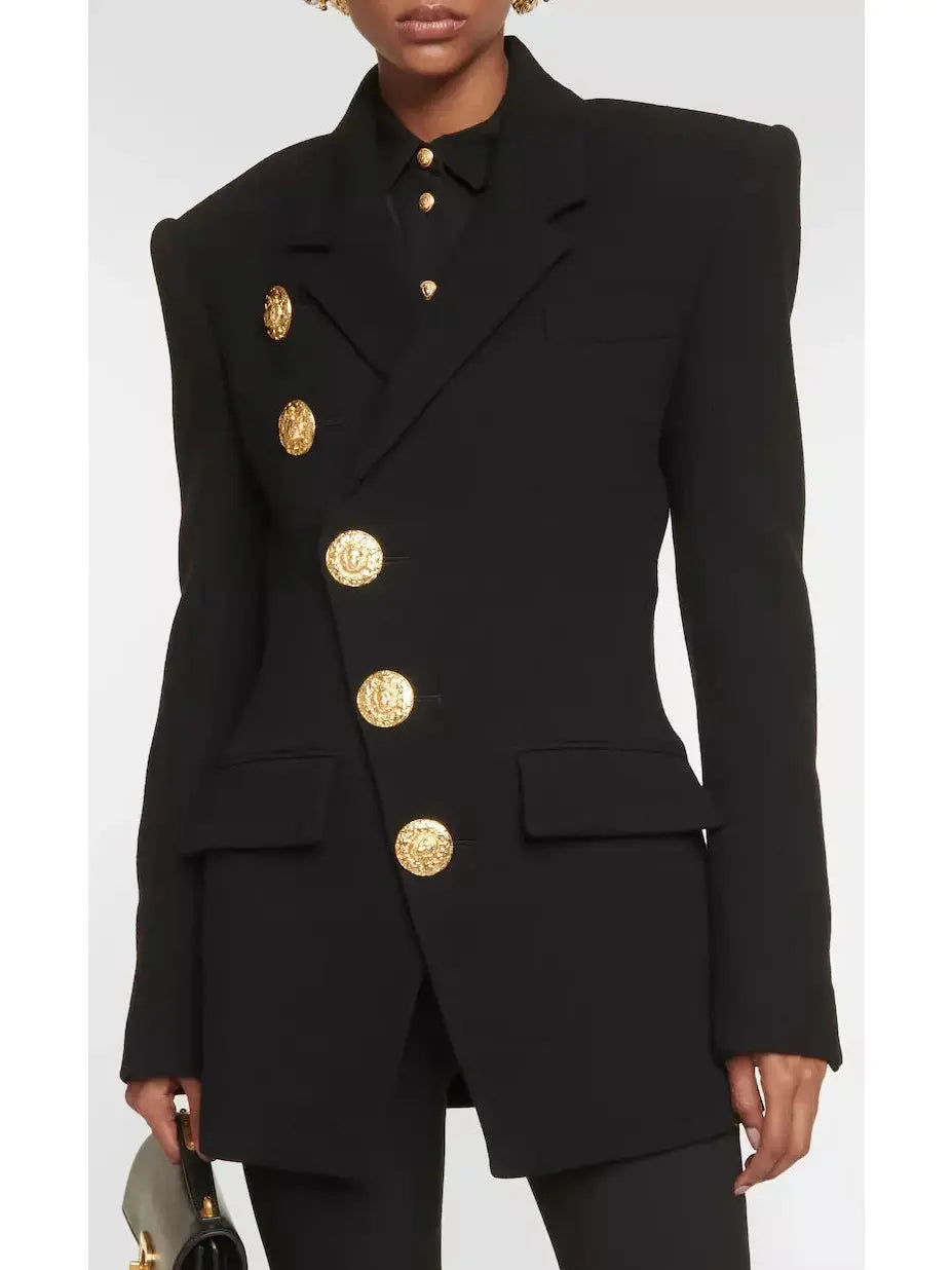 Asymmetric Fitted Single-Breasted Black Crepe Jacket - Jackets