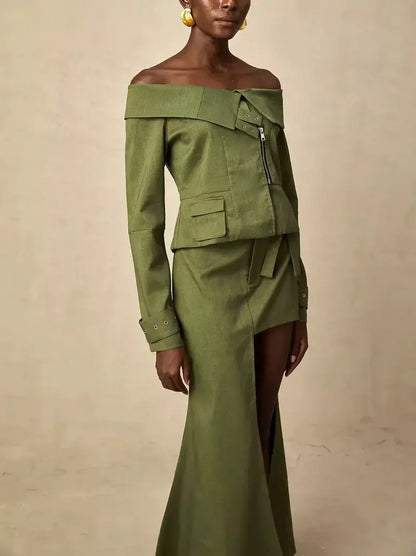 Asymmetric Off-Shoulder Zip Jacket and Cut-Out Skirt Set - Suits & Sets