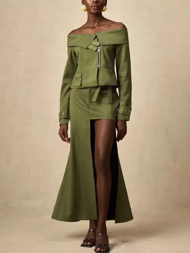 Asymmetric Off-Shoulder Zip Jacket and Cut-Out Skirt Set - Suits & Sets