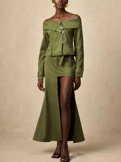 Asymmetric Off-Shoulder Zip Jacket and Cut-Out Skirt Set - Suits & Sets