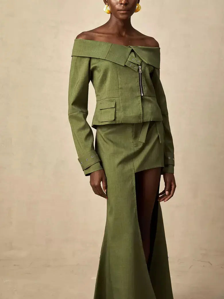 Asymmetric Off-Shoulder Zip Jacket and Cut-Out Skirt Set - Suits & Sets