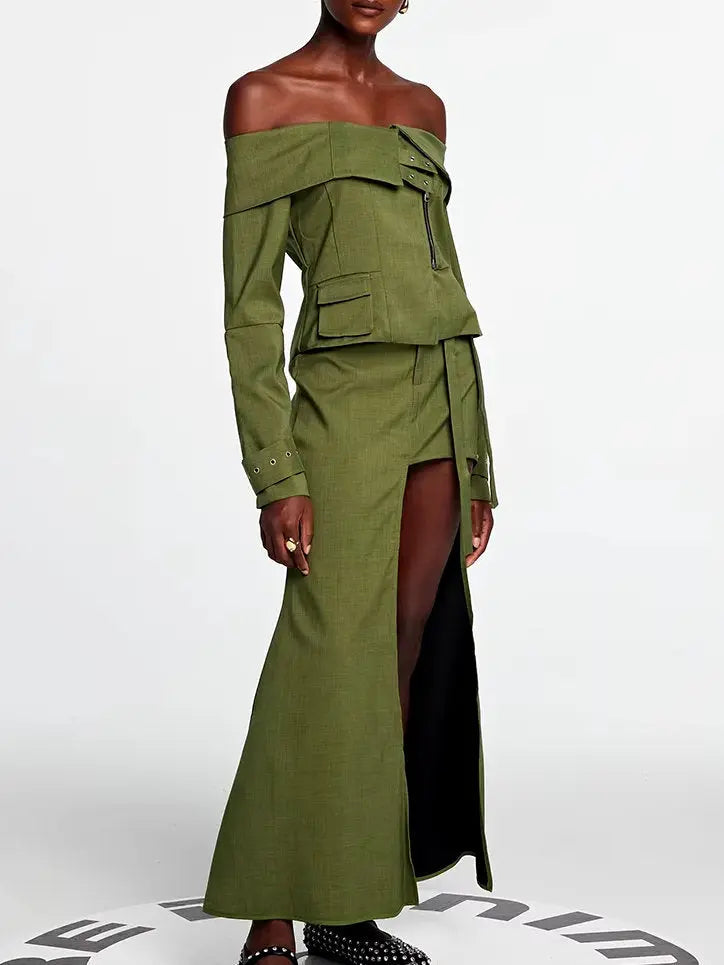 Asymmetric Off-Shoulder Zip Jacket and Cut-Out Skirt Set - Suits & Sets