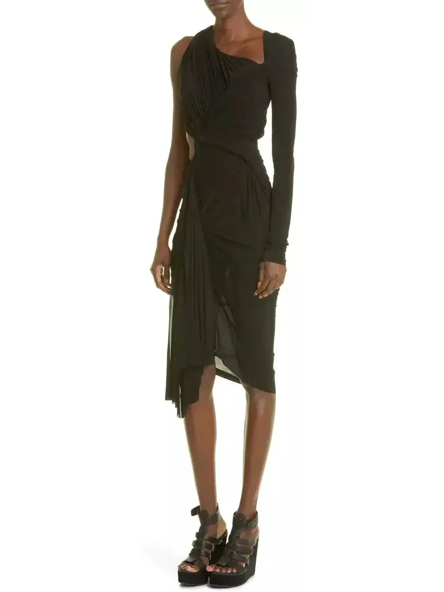 Asymmetric One-Shoulder Ruched Midi-Dress Black - Dresses