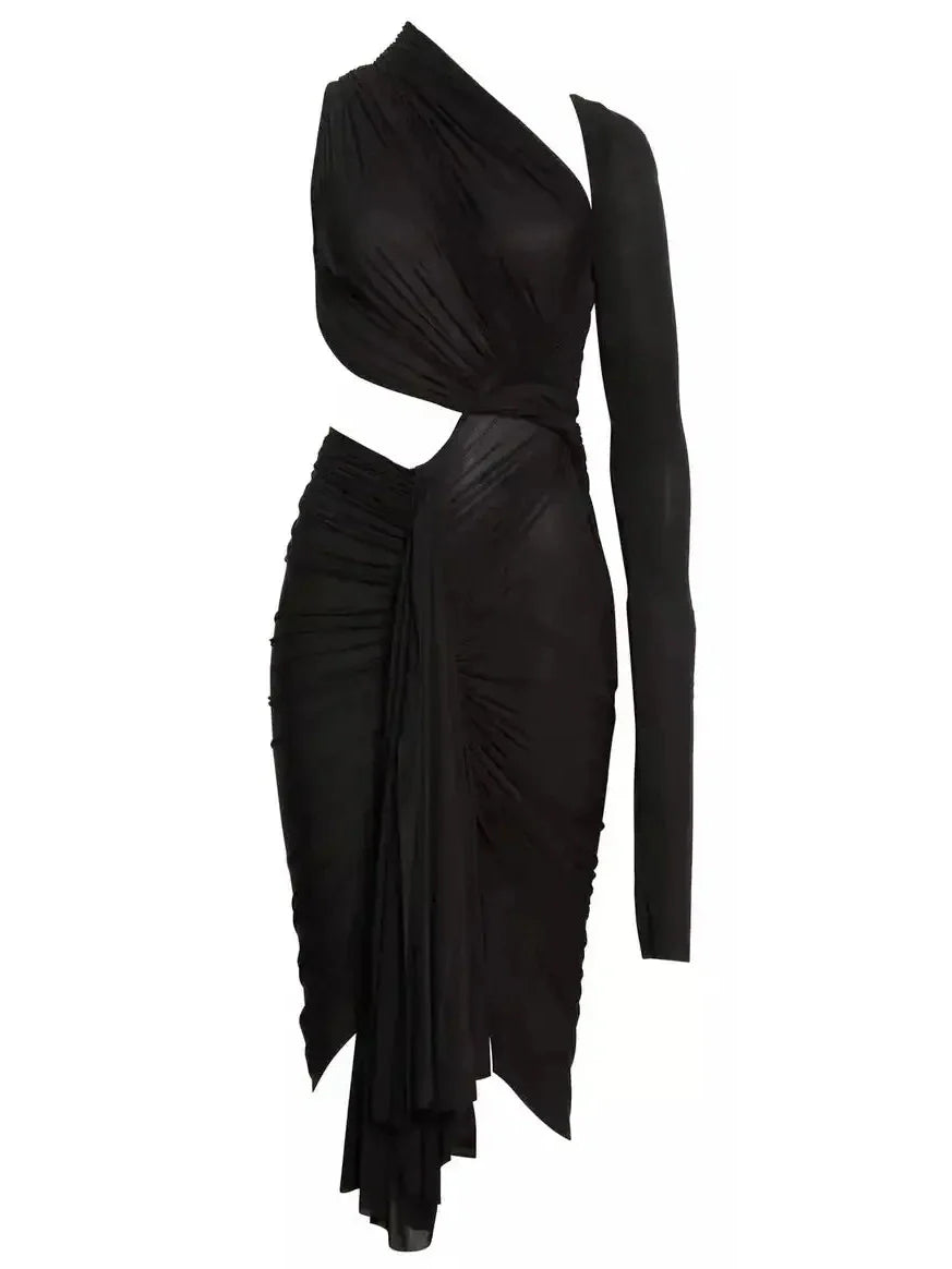 Asymmetric One-Shoulder Ruched Midi-Dress Black - Dresses