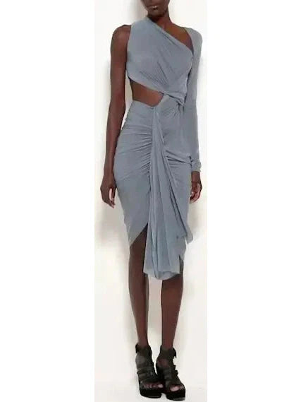 Asymmetric One-Shoulder Ruched Midi-Dress Gray - Dresses