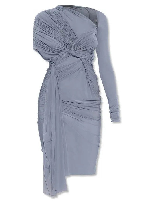 Asymmetric One-Shoulder Ruched Midi-Dress Gray - Dresses