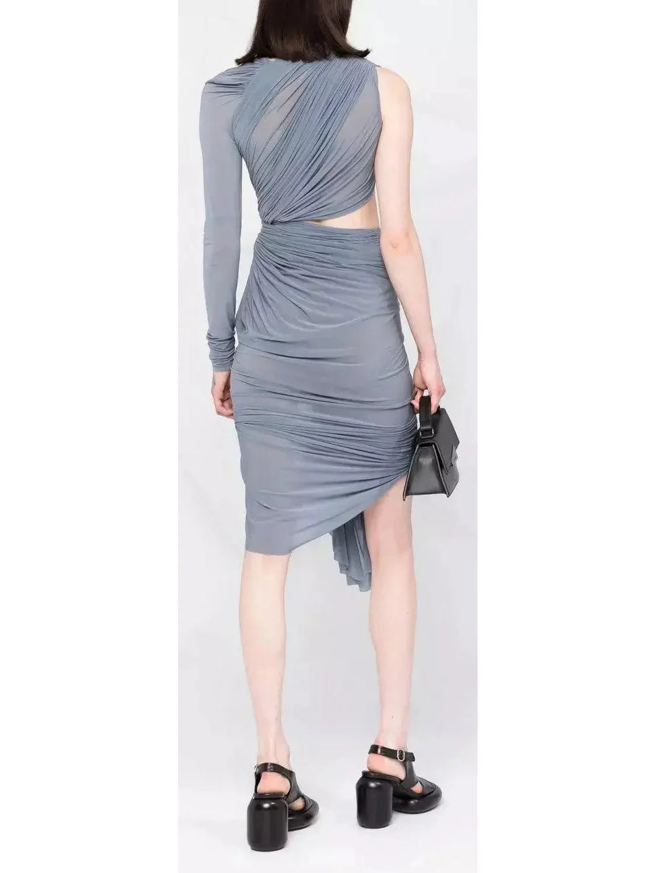 Asymmetric One-Shoulder Ruched Midi-Dress Gray - Dresses