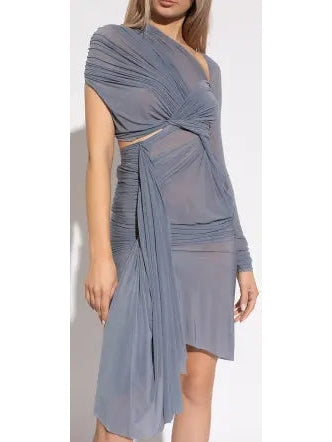 Asymmetric One-Shoulder Ruched Midi-Dress Gray - Dresses