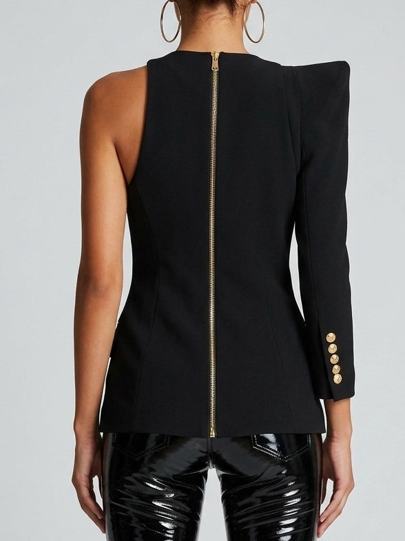 Asymmetric One-Sleeve Blazer Top with Draped Front - Tops