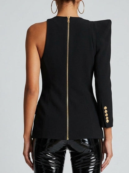 Asymmetric One-Sleeve Blazer Top with Draped Front - Tops