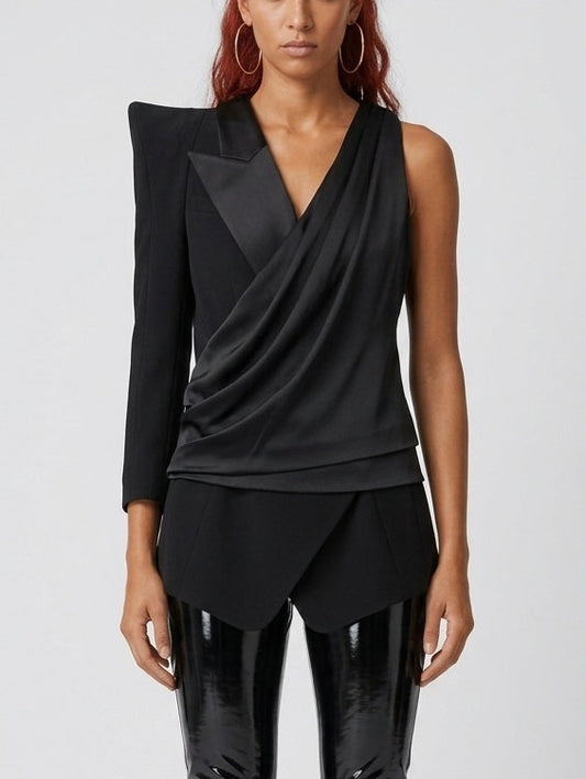Asymmetric One-Sleeve Blazer Top with Draped Front - Small - Tops