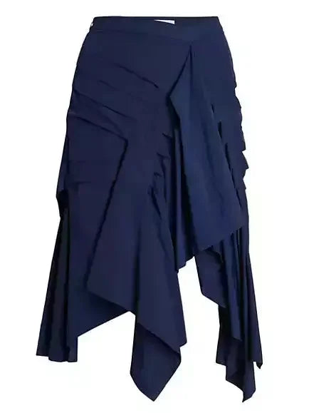 Asymmetric Pleated Midi Skirt in Navy - Skirts