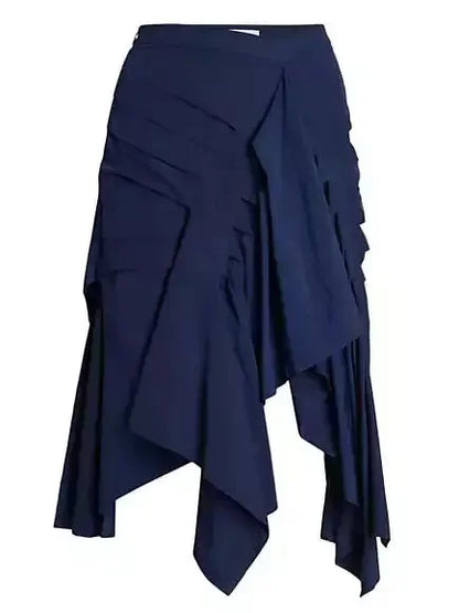 Asymmetric Pleated Midi Skirt in Navy - Skirts