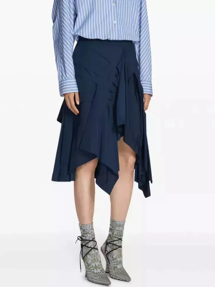 Asymmetric Pleated Midi Skirt in Navy - Skirts
