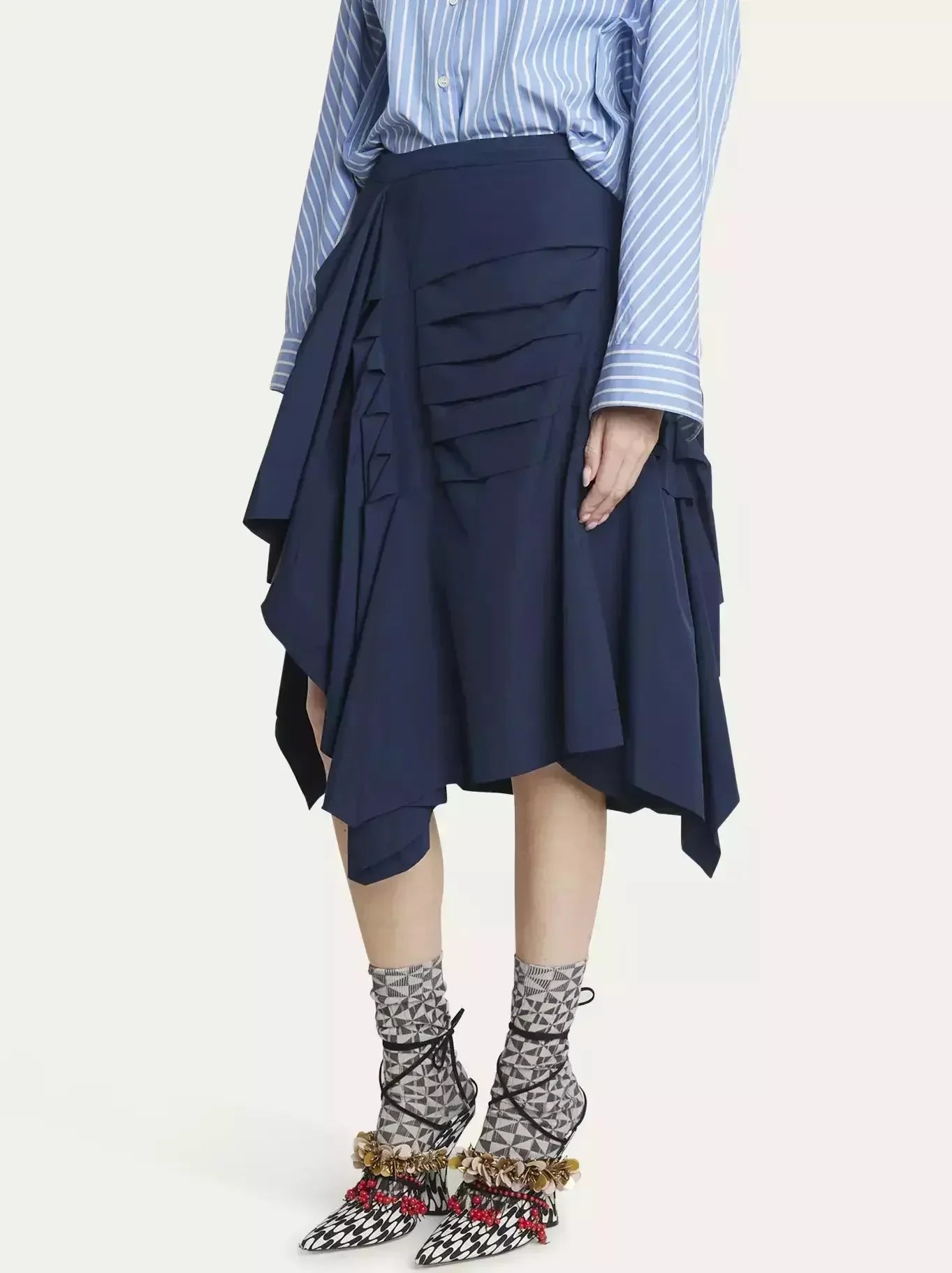 Asymmetric Pleated Midi Skirt in Navy - Skirts