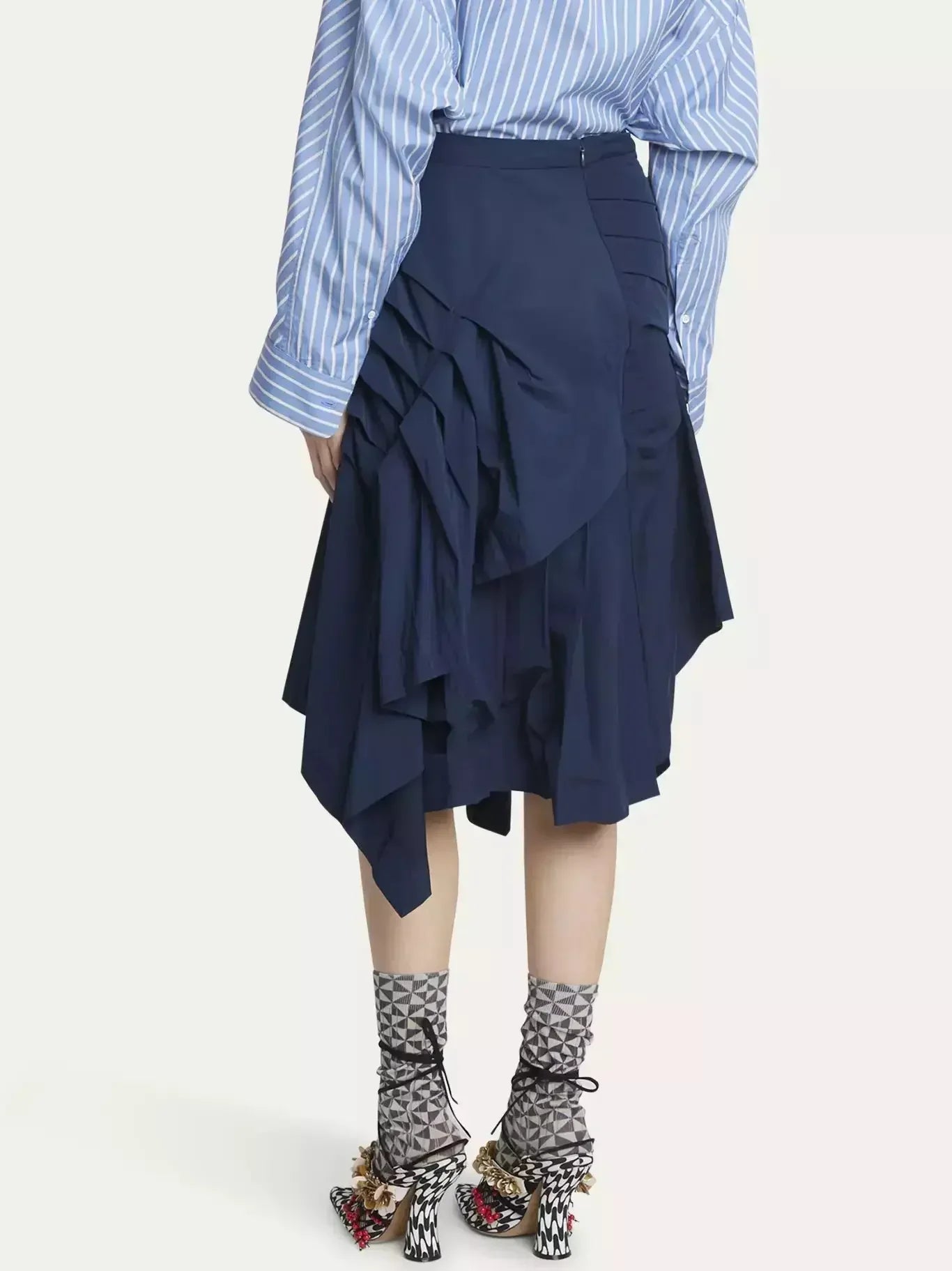 Asymmetric Pleated Midi Skirt in Navy - Skirts