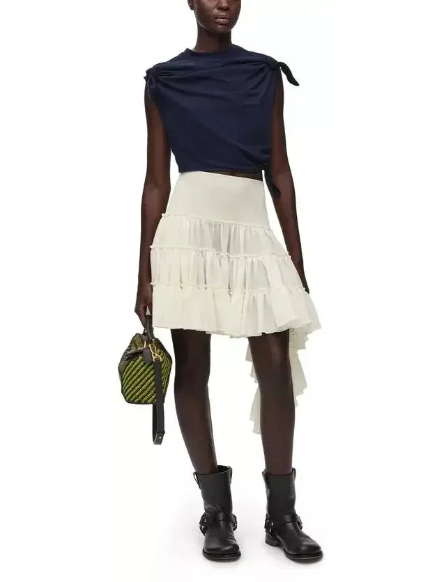 Asymmetric Ruffle Tiered Mini Skirt in Cream - Skirts