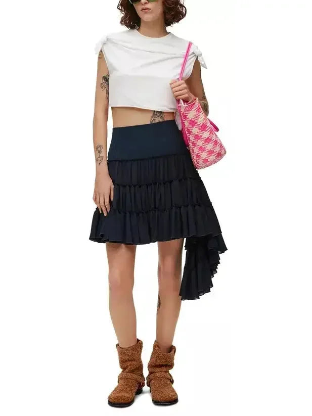Asymmetric Ruffle Tiered Mini Skirt in Navy - Skirts
