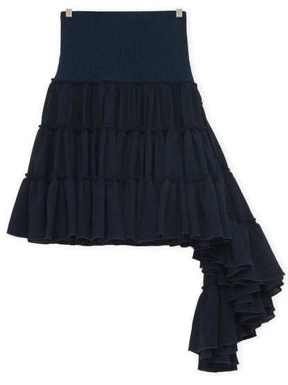 Asymmetric Ruffle Tiered Mini Skirt in Navy - Skirts