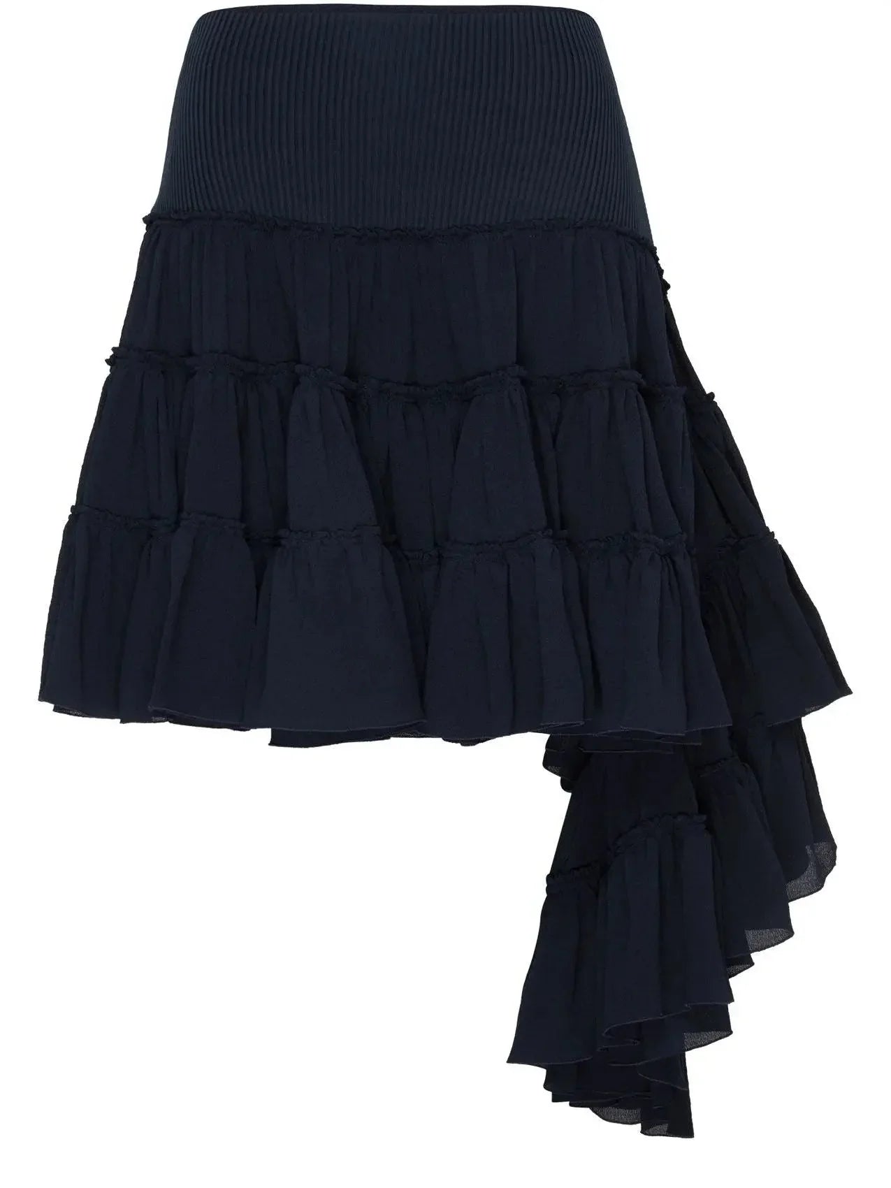 Asymmetric Ruffle Tiered Mini Skirt in Navy - Skirts