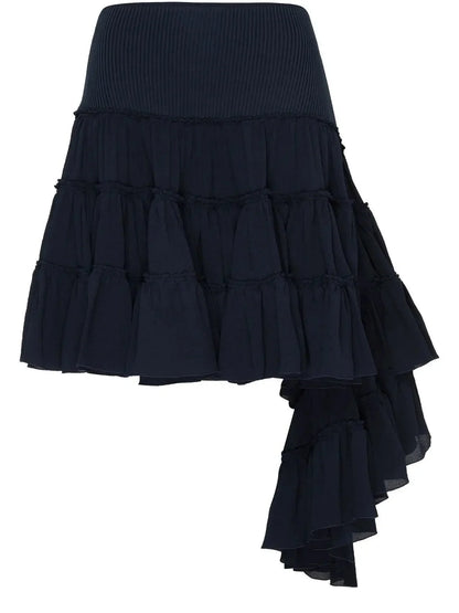 Asymmetric Ruffle Tiered Mini Skirt in Navy - Skirts