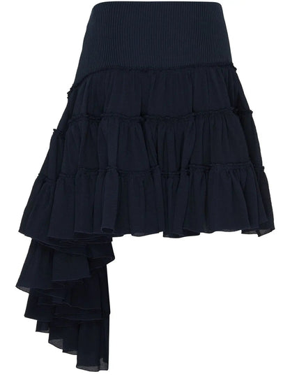 Asymmetric Ruffle Tiered Mini Skirt in Navy - Skirts