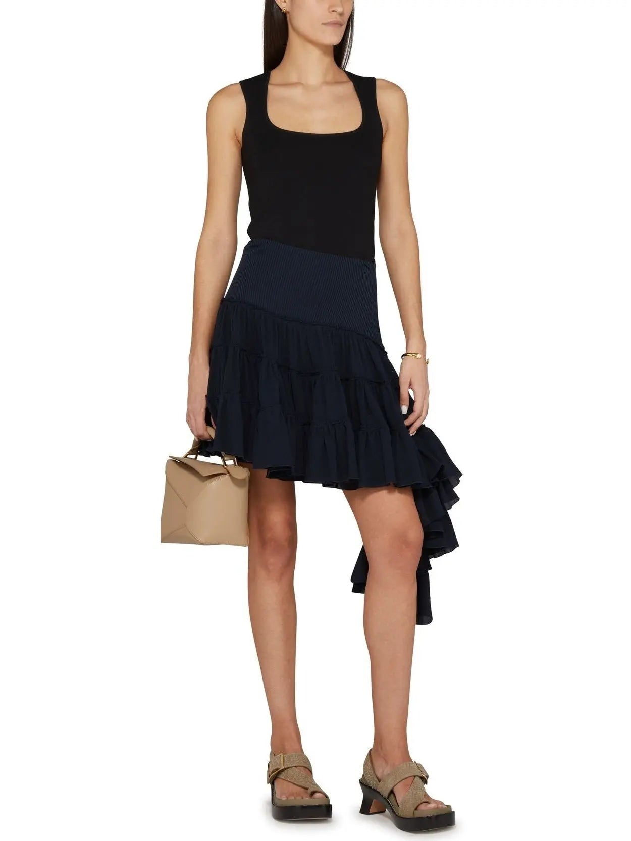 Asymmetric Ruffle Tiered Mini Skirt in Navy - Skirts