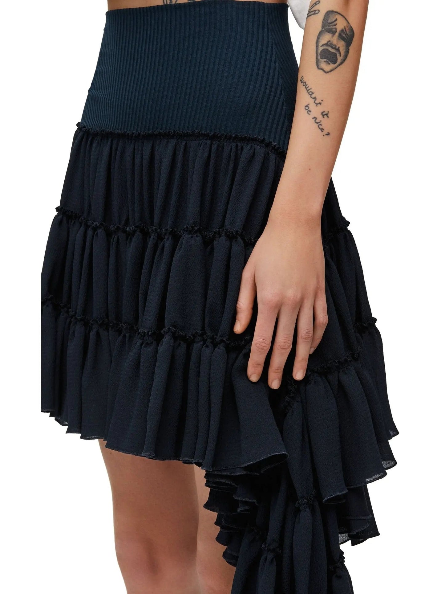 Asymmetric Ruffle Tiered Mini Skirt in Navy - Skirts