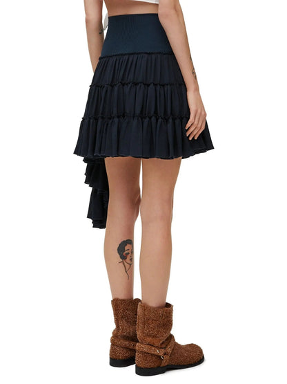 Asymmetric Ruffle Tiered Mini Skirt in Navy - Skirts