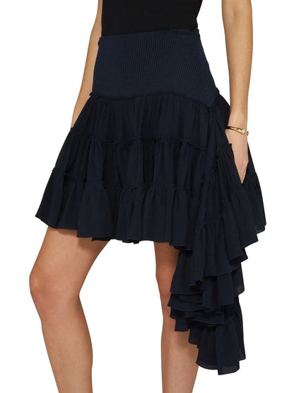 Asymmetric Ruffle Tiered Mini Skirt in Navy - Skirts