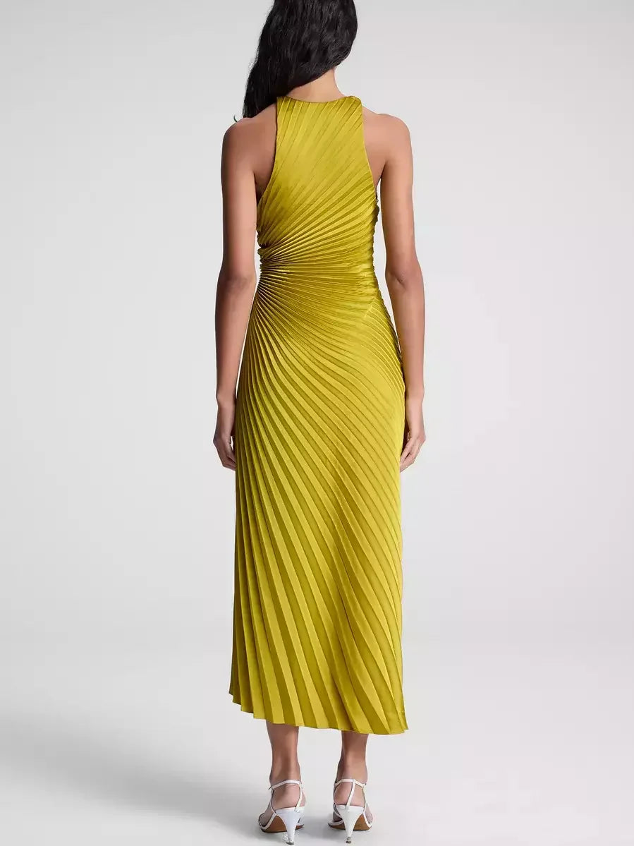 Asymmetric Sleeveless Pleated Midi Dress in Yellow