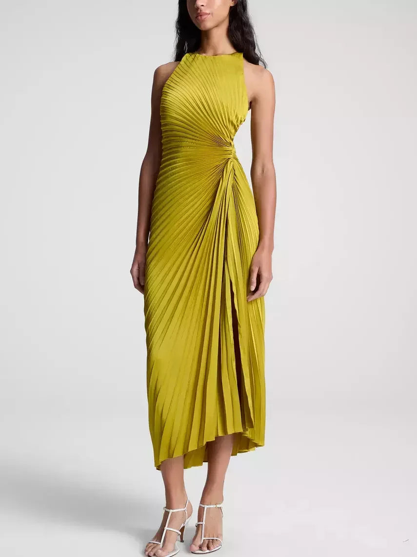 Asymmetric Sleeveless Pleated Midi Dress in Yellow - Dresses
