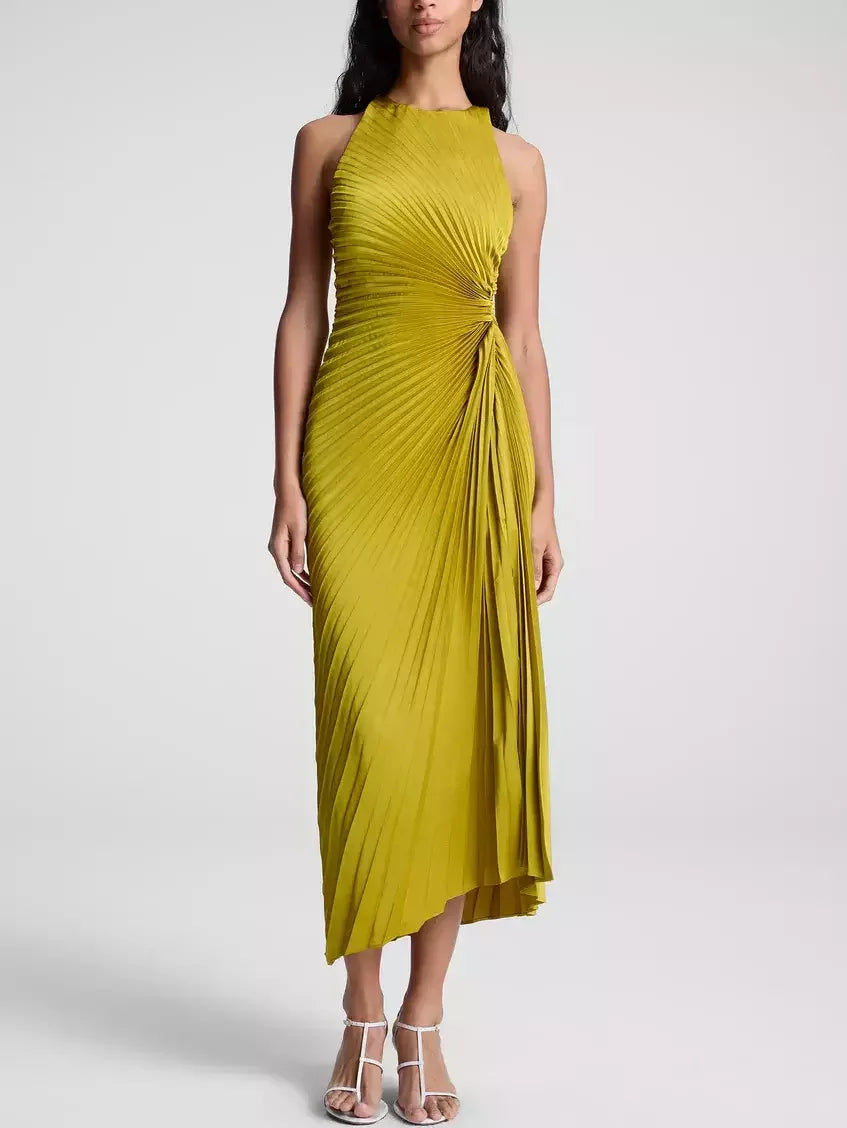 Asymmetric Sleeveless Pleated Midi Dress in Yellow - XS - Dresses