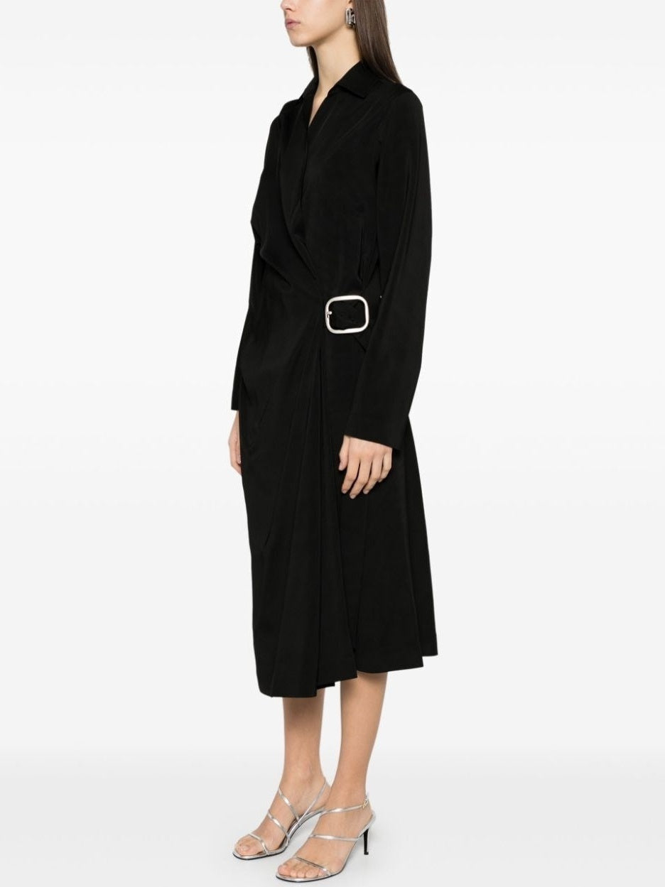 Asymmetrical-Belted Black Midi Shirt Dress - Dresses