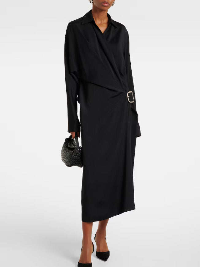 Asymmetrical-Belted Black Midi Shirt Dress - Dresses