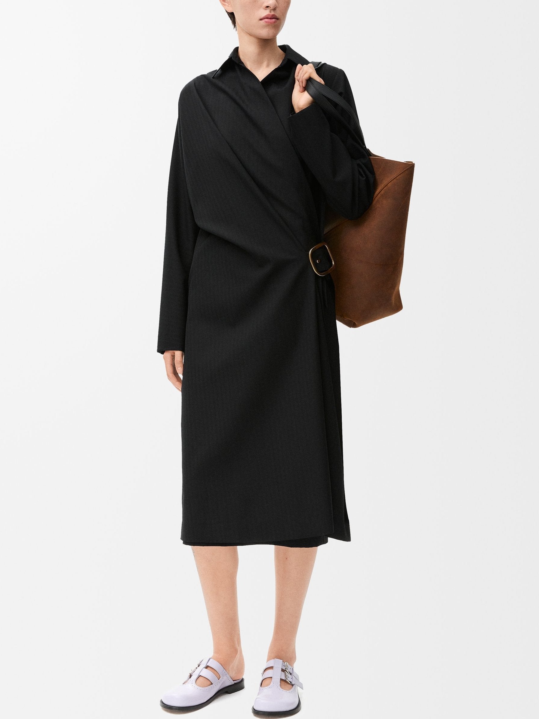Asymmetrical-Belted Black Midi Shirt Dress - Dresses