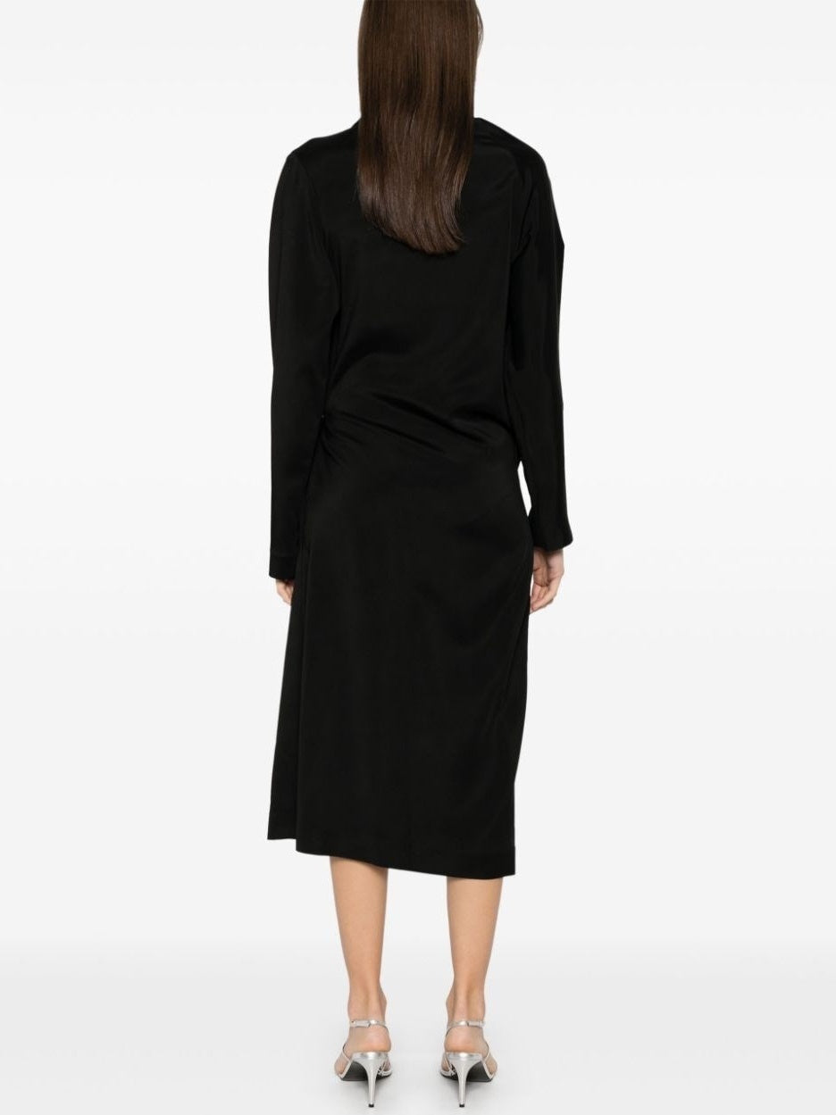 Asymmetrical-Belted Black Midi Shirt Dress - Dresses