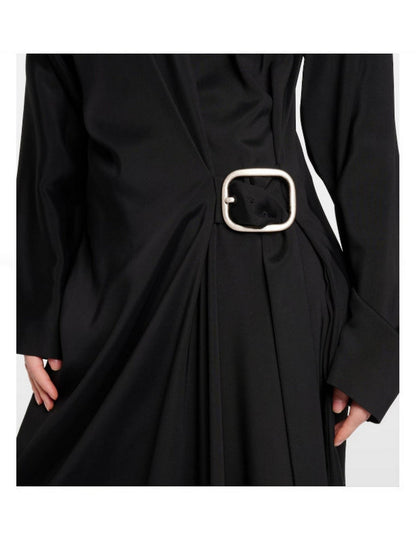 Asymmetrical-Belted Black Midi Shirt Dress - Dresses