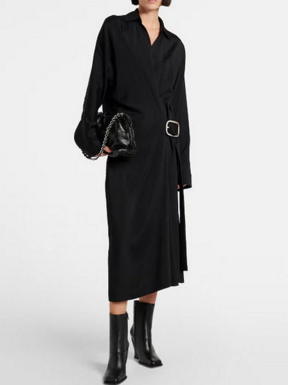 Asymmetrical-Belted Black Midi Shirt Dress - Dresses